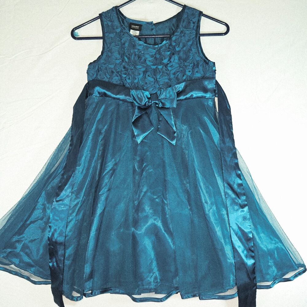 Holiday Editions Teal Blue Sequin Rosette Formal Dress M 7/8